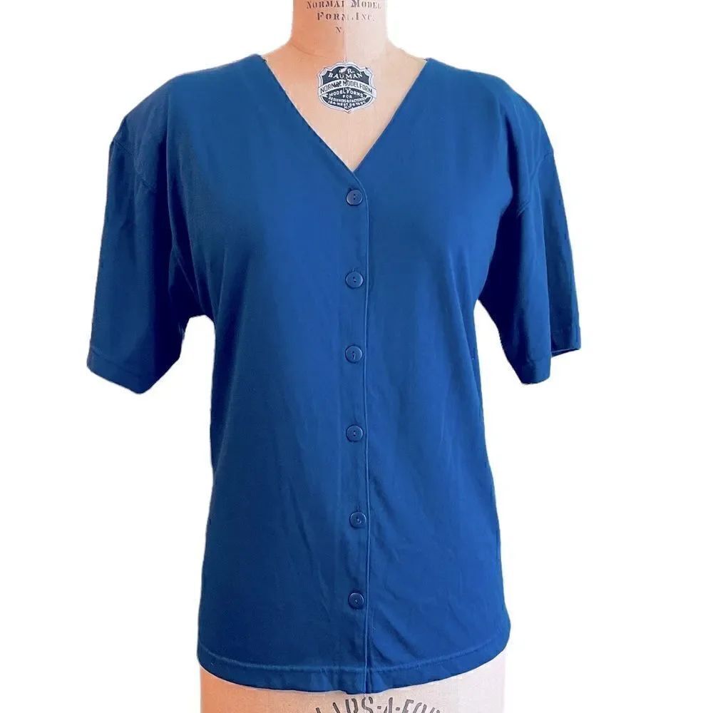 Blue button down V neck shirt